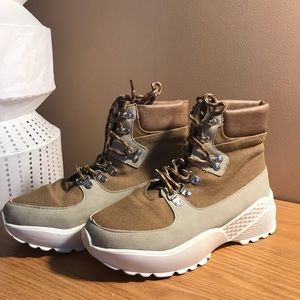 Beige and white lace up boots
